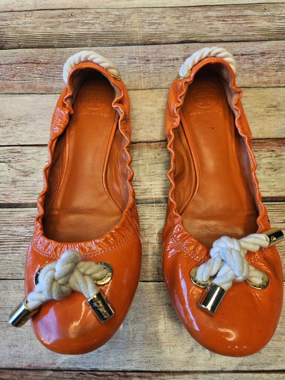 Tory Burch Orange Leather Rope-Tie Ballet Flats